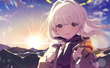 blue archive blush close clouds green eyes halo hood mochigome (ununquadium) omagari hare ponytail scarf signed sky sunset white hair