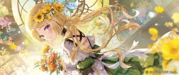 aki rosenthal aliasing apron blonde hair blush bow cage choker close dress flowers headdress hololive long hair purple eyes ribbons twintails watermark yukiko (tesseract)
