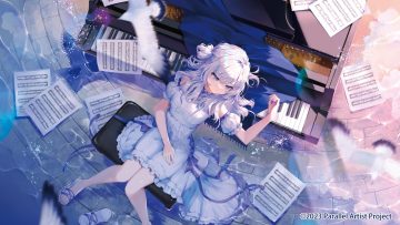 animal bird bow choker dress gray hair instrument long hair paper parallel artist project piano purple eyes ribbons saihate shirakasa kurage short hair water watermark