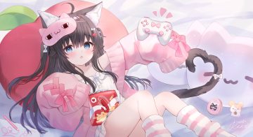 animal ears blue eyes blush bow brown hair catgirl cat smile dress fang food game console kneehighs loli long hair mask original rucaco signed tail twintails