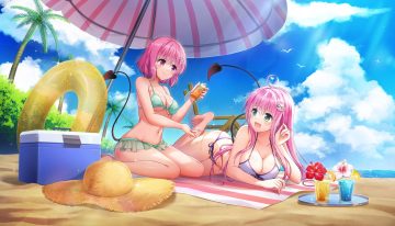 2girls barefoot beach breasts cleavage clouds crossover dolphin wave drink flowers food fruit green eyes hat lala satalin deviluke long hair momo velia deviluke navel ootomo takuji orange (fruit) pink eyes short hair sky swim ring tail to love ru to love ru darkness tree umbrella underboob water
