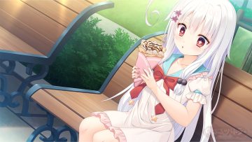 bow dress food fruit leaves logo loli long hair red eyes shiwasu horio waifu2x white hair