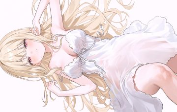 blonde hair blush breasts cleavage dress fymrie long hair nopan original pink eyes see through white