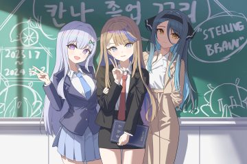airi kanna ayatsuno yuni black hair brown hair gangzi (vtuber) gray eyes gray hair headband long hair purple eyes school uniform shirt skirt stellive tie winterflower yellow eyes