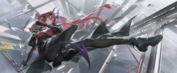 alov arknights ascalon (arknights) boots breasts cleavage elbow gloves gloves hood horns industrial long hair pantyhose pointed ears red eyes red hair shirt skirt tail tattoo weapon