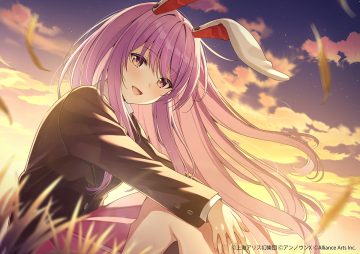 animal ears blush bunny ears bunnygirl close clouds grass hololive long hair pink eyes purple hair reisen udongein inaba skirt sky sunset yuuka nonoko