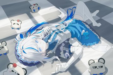 aokumo rin apron blue eyes bow collar elbow gloves garter belt gloves headdress lolita fashion ponytail ribbons shirt stellive stockings white hair winterflower zettai ryouiki