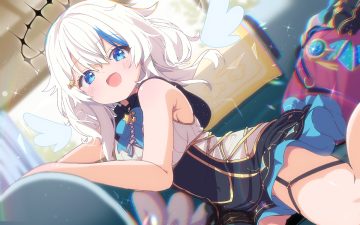 aliasing angel blue eyes blush bow couch dress garter halo shiro9jira white hair wings