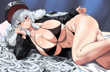 anthropomorphism ass azur lane bikini blush book breasts cross graf zeppelin (azur lane) gray hair hat long hair navel necklace nuo (fttv3255) red eyes swimsuit