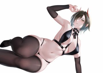 anthropomorphism azur lane bikini black hair bow breasts collar erect nipples horns navel short hair swimsuit thighhighs ulrich von hutten (azur lane) white yellow eyes yin lan xue
