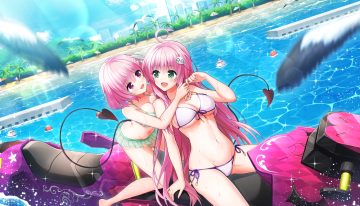 2girls animal beach bikini bird breasts building city cleavage clouds crossover dolphin wave green eyes lala satalin deviluke long hair momo velia deviluke navel ootomo takuji pink eyes pink hair short hair skirt sky swimsuit tail to love ru to love ru darkness tree underboob water