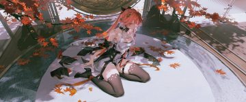 alov autumn bow braids breasts changli (wuthering waves) choker cleavage dress garter leaves long hair pink hair red eyes shade thighhighs wuthering waves