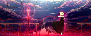 barefoot blonde hair breasts choker cleavage clouds crying dress genshin impact halo lumine (genshin impact) magic mxirony short hair sky sword tears weapon wristwear