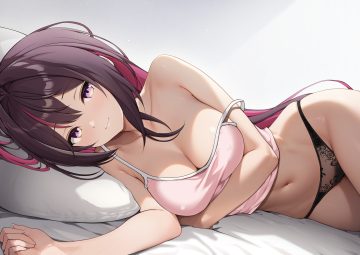 azki (hololive) bed blush breast hold breasts brown hair cleavage close erect nipples hololive long hair navel no bra otokucha panties pubic hair purple eyes purple hair underwear