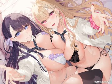 2girls aoharu x fetishism bed bekotarou blonde hair blush bra braids breasts long hair navel open shirt original panties pink eyes purple eyes purple hair school uniform thighhighs underwear wristwear