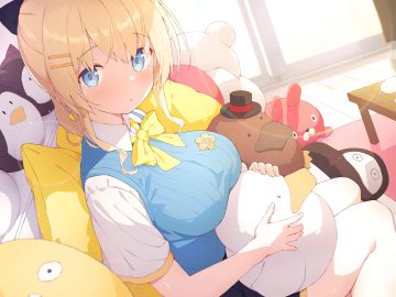 blonde hair blue eyes bow breast hold breasts couch long hair original school uniform shirt sy4