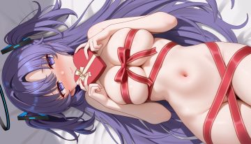 bed blue archive blush bow breast hold breasts fanteam halo hayase yuuka long hair navel nude purple eyes purple hair ribbons twintails valentine