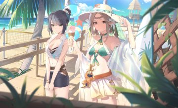 2girls aekun cben beach bikini black hair braids breast hold breasts brown eyes brown hair choker cleavage clouds epic7 food green eyes hat ice cream knife leaves navel pointed ears see through shade shorts sky swim ring swimsuit tagme (character) tree weapon wristwear