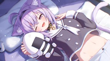bed blush cat smile collar doll headband hololive navel nekomata okayu purple eyes purple hair school uniform shirt short hair togemaru34 wink