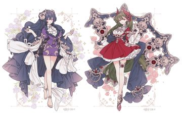 2girls barefoot black hair braids breasts cleavage dress flowers garter green hair horns lemon89h long hair original pointed ears purple eyes red eyes rose shirt skirt white