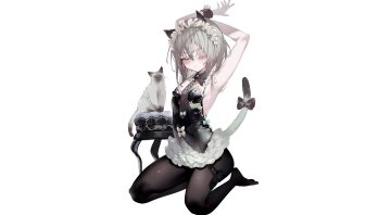 1-gou (111touban) animal animal ears aqua eyes blush bow cat catgirl dress eyepatch garter gray hair headdress original pantyhose short hair tail third-party edit tie white wristwear