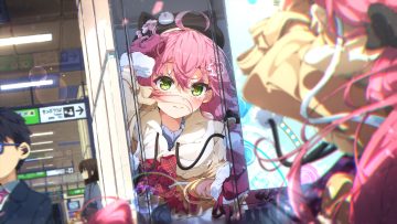 ama rei animal ears black hair blush bow glasses gloves green eyes hat hololive hood long hair male pink hair reflection sakura miko short hair