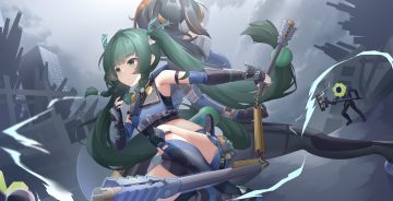 2girls armor black hair braids building clouds connexion elbow gloves gloves green eyes green hair kneehighs long hair police ponytail qingyi (zenless zone zero) ruins shorts sky twintails weapon zenless zone zero zhu yuan