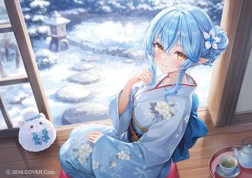 blue hair blush bow drink higeneko hololive japanese clothes kimono pointed ears snow waifu2x watermark winter yellow eyes yukihana lamy