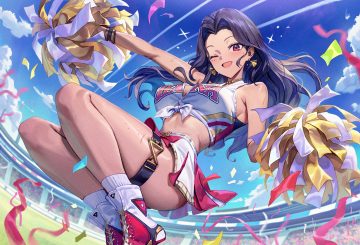 black hair cheerleader choker clouds dark skin garter gesoking long hair nijisanji red eyes ribbons scarle yonaguni skirt sky socks wink wristwear