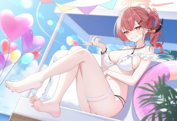 barefoot bikini blue archive breasts cleavage clouds garter halo horns navel orange eyes pink hair ponytail rikuhachima aru sikimosh sky swim ring swimsuit wristwear