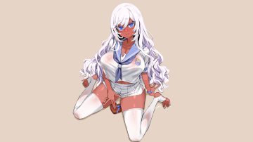 asanagi barefoot blue eyes breasts brown dark skin long hair navel no bra original school uniform see through shirt skirt skirt lift spread legs thighhighs third-party edit valentine white hair wristwear zettai ryouiki