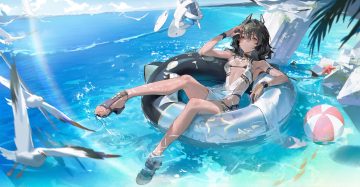 alov animal ball bikini bird black hair choker clouds dark skin fish headdress jpeg artifacts necklace original sky swim ring swimsuit wristwear yellow eyes