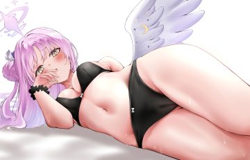 blue archive blush bra breasts cameltoe cleavage close dstwins97 halo long hair misono mika navel panties pink hair underwear wet white wings wristwear yellow eyes