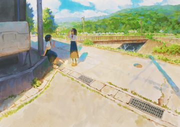 2girls black hair blush bow building clouds fjsmu glasses original pantyhose popsicle scenic school uniform shade shirt short hair signed skirt sky socks tree