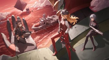ayanami rei blue eyes boat bodysuit breasts brown hair clouds combat vehicle cotta crossover eyepatch gloves goddess of victory: nikke gray hair gun hat long hair mecha neon genesis evangelion orange eyes orange hair rapi (nikke) red eyes short hair skintight sky soryu asuka langley thighhighs tie water weapon