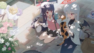 2girls aikiyo fuuka animal black hair blue archive blush braids cat flowers gray hair hat horns kurodate haruna leaves long hair necklace red eyes same (samefgo) school uniform shade shirt tail wings wristwear