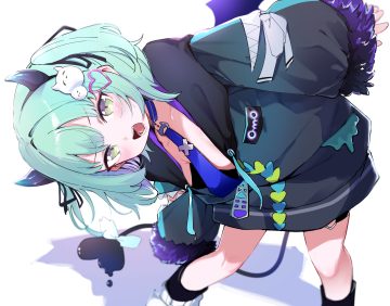 aqua hair blush bow chitamu omo choker close demon fang flat chest green eyes hood horns kio (yumekuikio) kneehighs loli no bra open shirt short hair specialite (company) tail tie twintails wings