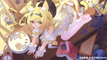 ass bicolored eyes blonde hair book catgirl denghuo ju (vtuber) dress glasses hat headband loli ningmeng jing jing jing jing panties pantyhose robot see through tail twintails underwear watermark