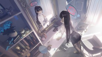 3d black hair blue archive book flowers halo long hair mirror pantyhose red eyes reflection skirt tsukatsuki rio varlyn