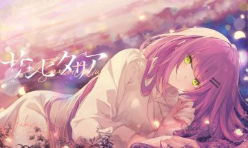 blush clouds dimazu grass green eyes hololive hood long hair purple hair signed sky tokoyami towa