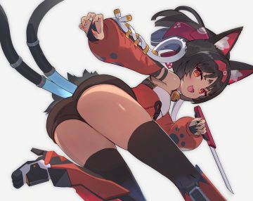 armor ass bell black hair bow cat smile collar dark skin fang flat chest gloves headband knife multiple tails nekomiya mana ponytail red eyes shorts tail thighhighs weapon white zenless zone zero zenshin
