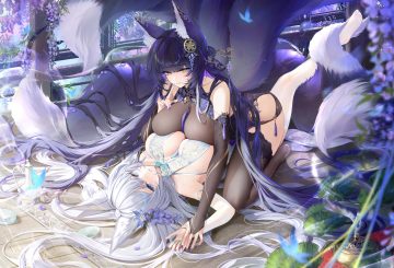 2girls animal ears anthropomorphism azur lane bell black hair blue eyes breasts butterfly chinese clothes chinese dress cleavage dress elbow gloves flowers foxgirl gloves gray hair long hair meisansan multiple tails musashi (azur lane) petals shinano (azur lane) tail thighhighs tree yellow eyes yuri