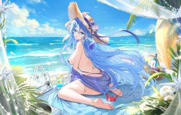 animal aqua eyes ass barefoot beach bikini blue hair bow breasts clouds crab drink flowers food fruit garter hat honkai (series) honkai: star rail long hair meisansan necklace ribbons robin (honkai: star rail) see through sky swimsuit water