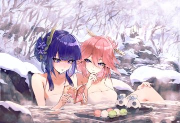 2girls animal ears blush book breasts cleavage cropped drink food foxgirl genshin impact juffles onsen pink hair purple eyes purple hair raiden shogun snow towel tree water winter yae miko