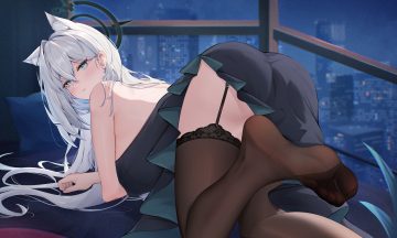 animal ears aqua eyes ass blue archive blush building city dress garter belt gray hair halo long hair night radoremo shiroko (terror) (blue archive) stockings sunaookami shiroko wolfgirl