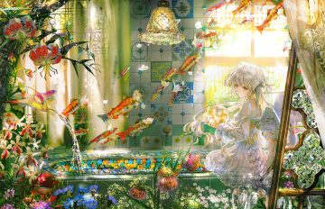 aliasing animal ball bath bathtub bow brown eyes choker dress fish flowers gray hair headdress long hair original ribbons say hana water wings