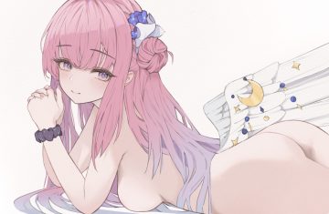ass blue archive blush breasts long hair misono mika nude pink hair purple eyes rainer7278 white wings wristwear