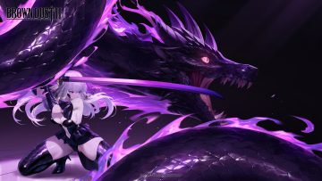 blade (brown dust) boots breasts brown dust brown dust 2 cleavage dragon elbow gloves gloves headdress katana leotard logo long hair navel purple red eyes skirt spread legs sword tagme (artist) thighhighs weapon white hair