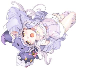 aliasing bandaid bloomers bow choker fang flat chest garter gray hair hololive long hair mask murasaki shion navel orange eyes pajamas see through shorts wapokichi white