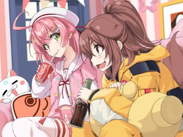 2girls animal ears blush brown eyes brown hair cat smile coca cola doggirl drink fang garter green eyes hat hololive hood inugami korone pink hair ponytail sakura miko school uniform short hair skirt tail thighhighs wapokichi